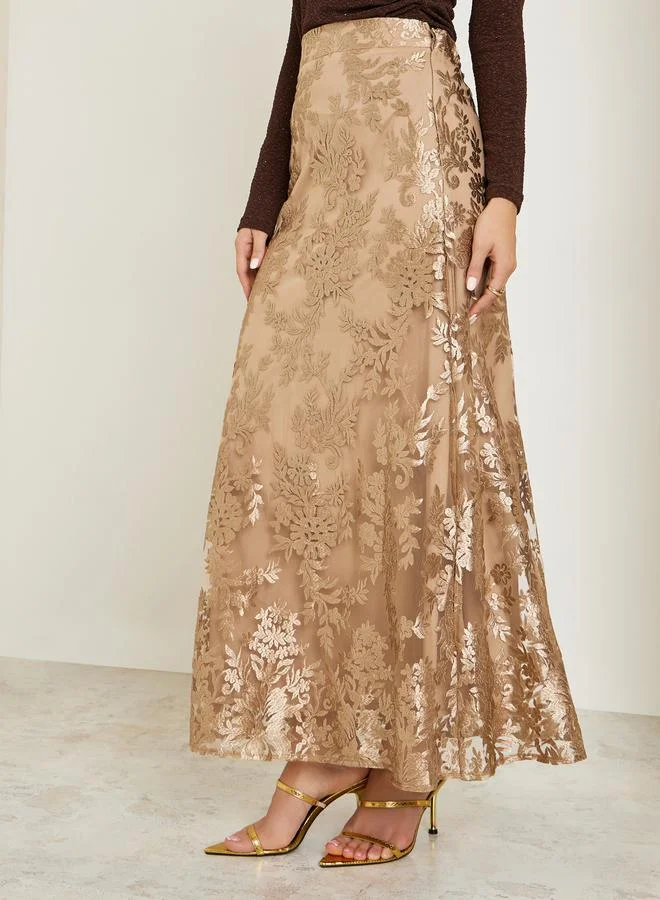 Styli Women Gold Lace Pencil Maxi Skirt